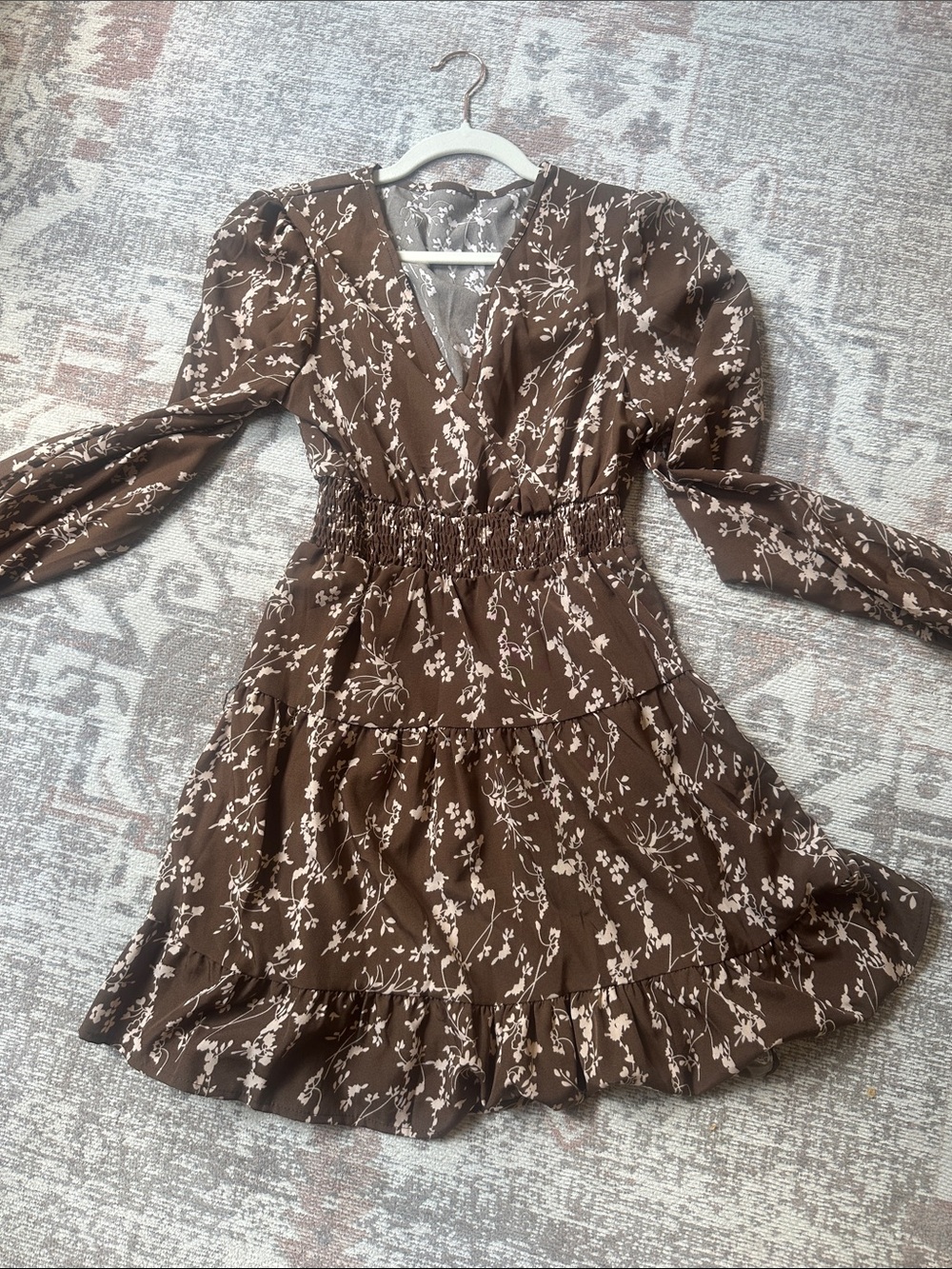 Brown Floral Tiered V-Neck Long Sleeve Dress